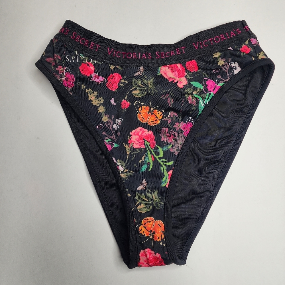 NEW Victoria Secret Sydney logo Bikini Bottom High Waist Black Butterfly Size S
